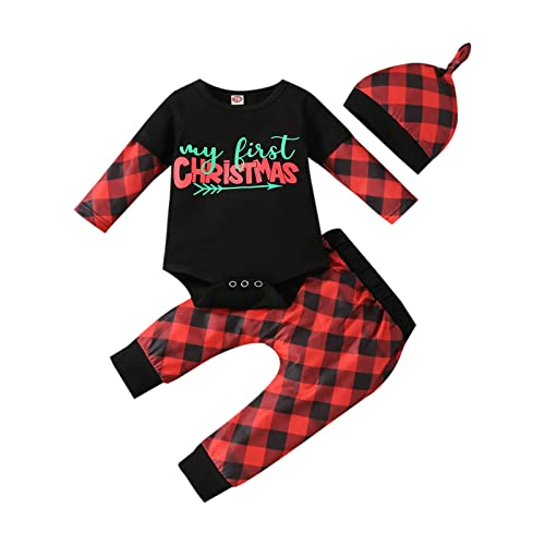 LNL Mi Primera Navidad Bebe Niño Mameluco de Bebé a Cuadros Buffalo + Pantalones+ Sombrero Tela Escocesa Roja Negra y árbol de Navidad