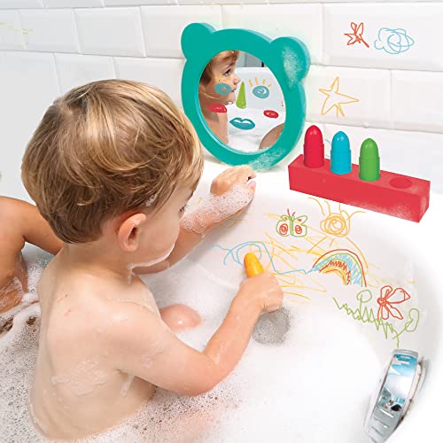 LUDI - Estuche Aquacolor - Juego de colorear de baño - 4 lápices borrables + 1 espejo flexible - A partir de 10 meses