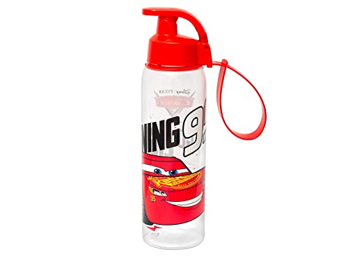 LULABI DISNEY CARS Botella de plástico para niños con el tema CARS de Disney, reutilizable y sin BPA, botella resistente, práctica para la escuela y la piscina, con tapa de seguridad, 500 ml, Roja