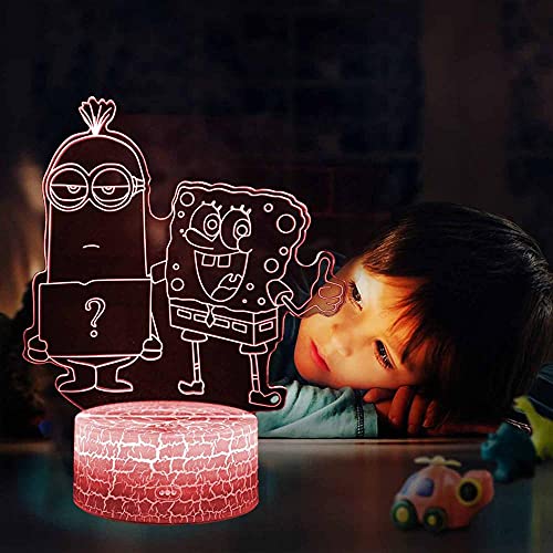 Luz de noche 3D para niños Bob Esponja Dibujos Animados Minions Lámpara de ilusión Juguete y 16 colores con control remoto, el mejor regalo para niños y niñas