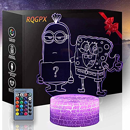 Luz de noche 3D para niños Bob Esponja Dibujos Animados Minions Lámpara de ilusión Juguete y 16 colores con control remoto, el mejor regalo para niños y niñas