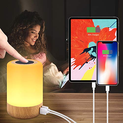 Luz de Nocturna LED, Amouhom Lámpara de Mesita de Noche hay 4 puertos USB, puede cambiar el color, ajustar el brillo para proteger los ojos de niños, utilizar en el dormitorio o salón