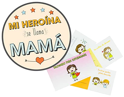 Made in Gift Pack con Pegatina "Mi Heroína se Llama Mamá" y Talonario de Vales para Madres con Diez Cheques Canjeables Perfecto como Regalo Original para el Día de la Madre