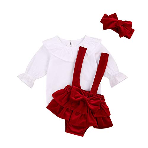 MAHUAOYIXI 3 unidades de Navidad de manga larga con pelele de color liso, informal, princesa, vestido de Navidad, bonito vestido de algodón, cómodo para niña, elegante, rojo, 12- 18 meses