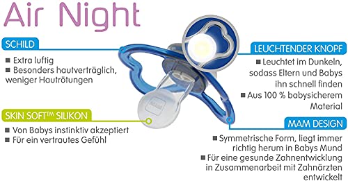 MAM Air Night - Juego de 2 chupetes de silicona para bebé con diseño de escudo extra ligero y ventilado con caja para chupete, 6-16 meses, diseño de tigre/foca-Instrucciones en lengua extranjera