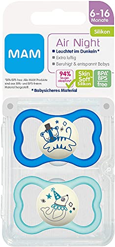 MAM Air Night - Juego de 2 chupetes de silicona para bebé con diseño de escudo extra ligero y ventilado con caja para chupete, 6-16 meses, diseño de tigre/foca-Instrucciones en lengua extranjera