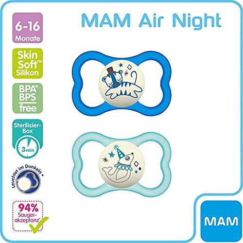 MAM Air Night - Juego de 2 chupetes de silicona para bebé con diseño de escudo extra ligero y ventilado con caja para chupete, 6-16 meses, diseño de tigre/foca-Instrucciones en lengua extranjera