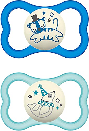 MAM Air Night - Juego de 2 chupetes de silicona para bebé con diseño de escudo extra ligero y ventilado con caja para chupete, 6-16 meses, diseño de tigre/foca-Instrucciones en lengua extranjera