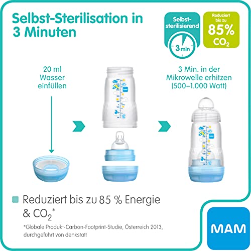 MAM Easy Start - Biberón anticólicos 260 ml, válvula inferior contra cólicos, botella para bebé con tetina, tamaño 1, foca, Instrucciones en Lengua Extranjera