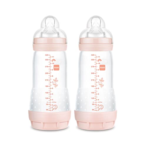 MAM Easy Start - Juego de 2 Biberones anticólicos autoesterilizantes con tetina med. 3, 4 meses (320 ml), color rosa, Instrucciones en Lengua Extranjera