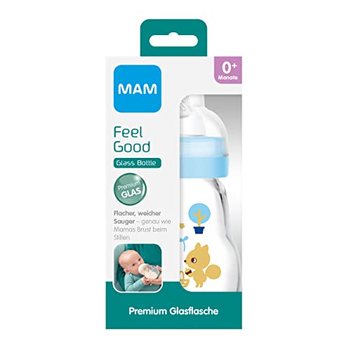 MAM Feel Good - Biberón de cristal (170 ml), biberón con boca ancha, estable botella con tetina, tamaño 1, a partir del nacimiento, erizo/ardilla, Instrucciones en Lengua Extranjera