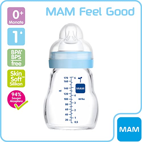 MAM Feel Good - Biberón de cristal (170 ml), biberón con boca ancha, estable botella con tetina, tamaño 1, a partir del nacimiento, erizo/ardilla, Instrucciones en Lengua Extranjera