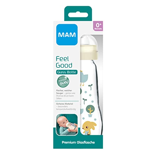 MAM Feel Good - Biberón de cristal (260 ml), biberón con boca ancha, estable botella con tetina, tamaño 1, a partir del nacimiento, conejo/pollito, Instrucciones en Lengua Extranjera