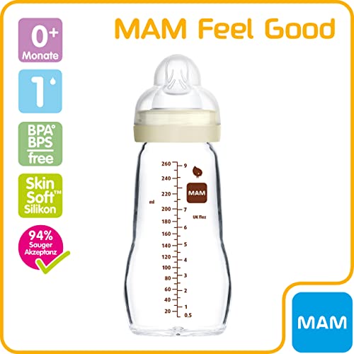 MAM Feel Good - Biberón de cristal (260 ml), biberón con boca ancha, estable botella con tetina, tamaño 1, a partir del nacimiento, conejo/pollito, Instrucciones en Lengua Extranjera