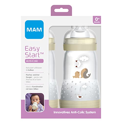 MAM Juego de 2 biberones anticólicos de Easy Start (260 ml), , para bebé con válvula de base contra cólicos y tetina, tamaño 1, 0 meses foca, Beige/fobe+Baby, Instrucciones en Lengua Extranjera