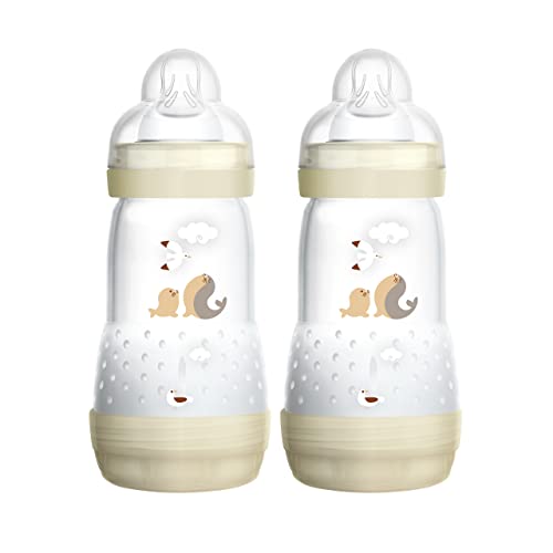 MAM Juego de 2 biberones anticólicos de Easy Start (260 ml), , para bebé con válvula de base contra cólicos y tetina, tamaño 1, 0 meses foca, Beige/fobe+Baby, Instrucciones en Lengua Extranjera