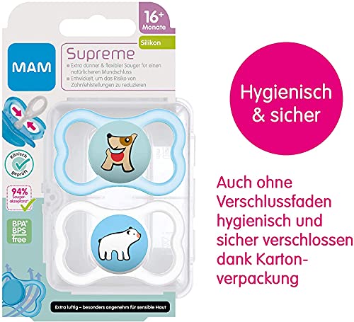 MAM Juego de 2 chupetes Supreme para el desarrollo saludable de los dientes y la mandíbula, previene la irritación de la piel, con caja para chupete, 16 meses +-Instrucciones en lengua extranjera