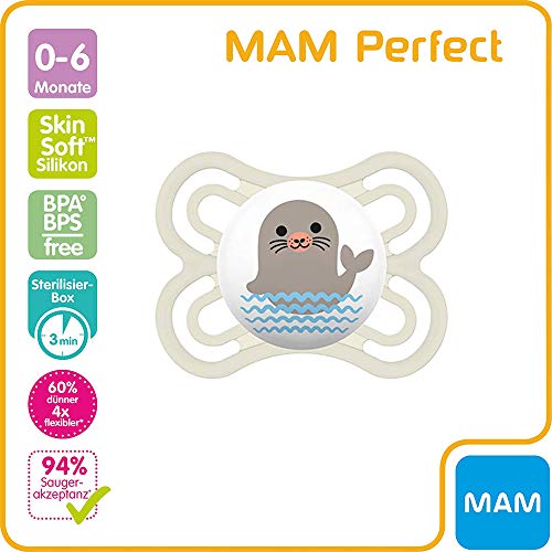 mam Perfect silicona Chupete 0-6 meses, juedo de 2, estuche de esterilización y transporte