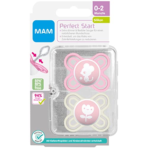 MAM Perfect Start - Juego de 2 chupetes de silicona para prevenir la deformación de dientes, con caja , 0-2 meses, diseño de ratón y flor, Instrucciones en Lengua Extranjera