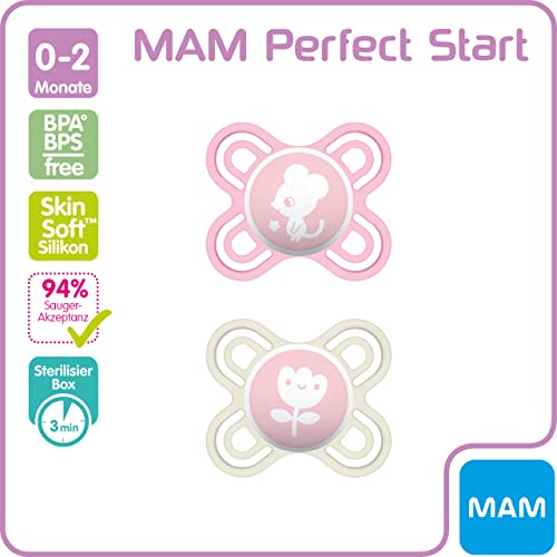 MAM Perfect Start - Juego de 2 chupetes de silicona para prevenir la deformación de dientes, con caja , 0-2 meses, diseño de ratón y flor, Instrucciones en Lengua Extranjera