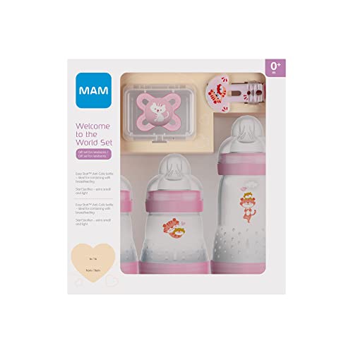 MAM Set de Recién Nacido Welcome to the World G102-3 Biberones Easy Start Anti-Colic, 1 Chupete Start y 1 Broche Clip 0+ Meses, Versión Española, Rosa, 5 Unidades