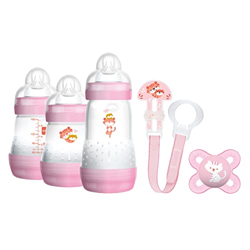 MAM Set de Recién Nacido Welcome to the World G102-3 Biberones Easy Start Anti-Colic, 1 Chupete Start y 1 Broche Clip 0+ Meses, Versión Española, Rosa, 5 Unidades