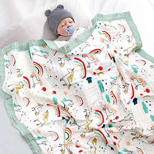 Manta Bebé Algodón 110 x 110 CM,Mantas de Muselina para Bebe 6 Capas Arrullo para Bebes Unisex Swaddle Blanket Suave y Confortable Muselinas Toalla de Baño (Unicornio Arcoiris)