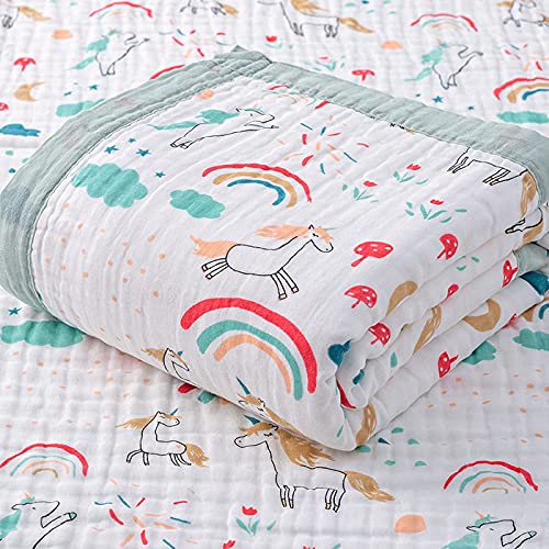 Manta Bebé Algodón 110 x 110 CM,Mantas de Muselina para Bebe 6 Capas Arrullo para Bebes Unisex Swaddle Blanket Suave y Confortable Muselinas Toalla de Baño (Unicornio Arcoiris)