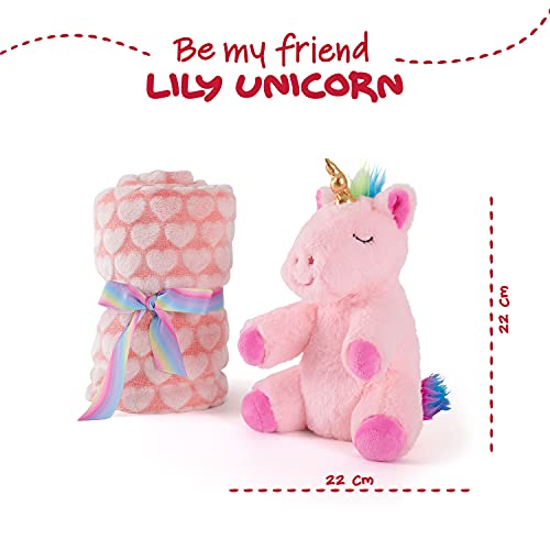 Manta Bebé Suave y Cálida con Unicornio Peluche - Muselina para Niño Niña 0 1 2 3 Años Colorida con Lazo - Doudou para Niños Niñas Rosa con Muñeco y Estampados - 120x80 cm - Perletti (Unicornio Rosa)