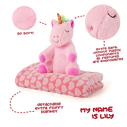 Manta Bebé Suave y Cálida con Unicornio Peluche - Muselina para Niño Niña 0 1 2 3 Años Colorida con Lazo - Doudou para Niños Niñas Rosa con Muñeco y Estampados - 120x80 cm - Perletti (Unicornio Rosa)