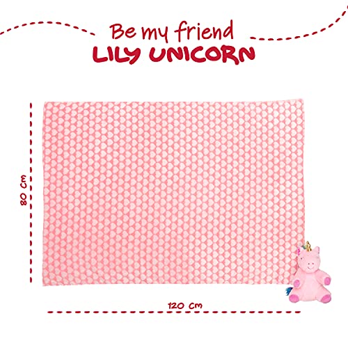 Manta Bebé Suave y Cálida con Unicornio Peluche - Muselina para Niño Niña 0 1 2 3 Años Colorida con Lazo - Doudou para Niños Niñas Rosa con Muñeco y Estampados - 120x80 cm - Perletti (Unicornio Rosa)