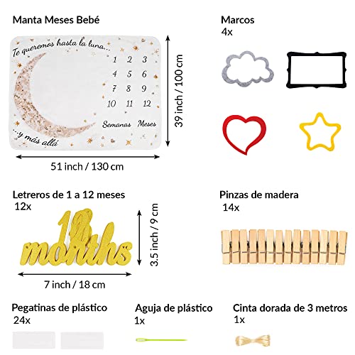 Manta Meses Bebé En Español | con Guirnalda Bebé | Manta Bebe Personalizada, Unisex | De Estrellas Y Luna | Regalo Personalizado De Nacimiento para Nuevas Mamás | Manta Mensual Bebe