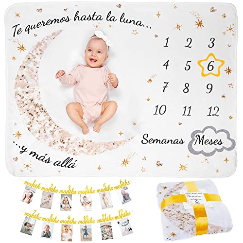 Manta Meses Bebé En Español | con Guirnalda Bebé | Manta Bebe Personalizada, Unisex | De Estrellas Y Luna | Regalo Personalizado De Nacimiento para Nuevas Mamás | Manta Mensual Bebe