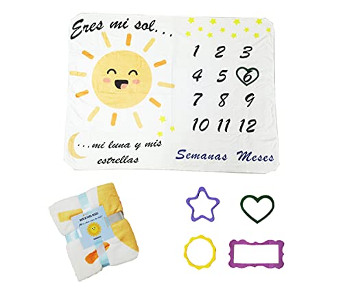 Manta Meses Bebé en Español | Modelo Unisex | Regalo De Fiesta De Nacimiento | Temática Luna | Suave y Gruesa | Manta para Fotos Mensuales, Manta mensual Bebe español (A)