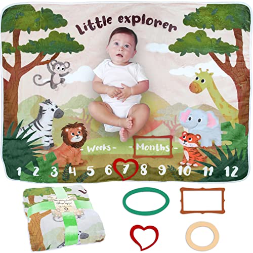 Manta Meses Bebé | Modelo Unisex | Regalo De Fiesta De Nacimiento | Temática Safari y Jungla | Suave y Gruesa | Manta para Fotos Mensuales | Control De Edad y Crecimiento | Manta Mensual De Hito