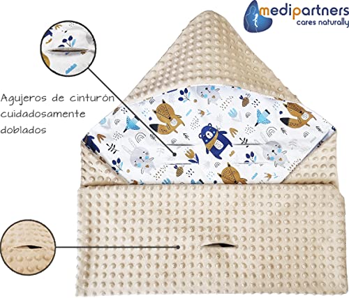 Manta para Bebé 85x85cm una Capucha 100% Algodón de Felpa Minky Multifuncion Doble Cara para cochecitos Suave y Mullido Medi Partners (Animales Boho con Beige Minky)