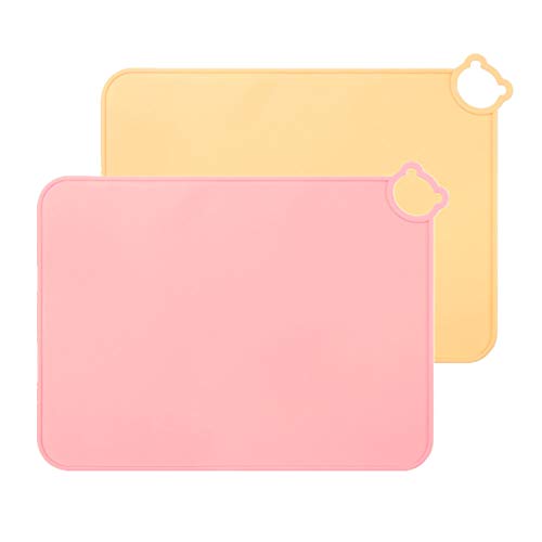 Manteles individuales de silicona para niños, bebés, tapetes de mesa aptos para lavavajillas, tapete portátil para alimentos para niños pequeños, juego de 2 de viaje (Rosa-Amarillo)