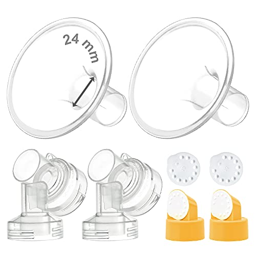 Maymom Brand - Protector de pecho de 2 piezas, 25 mm, 2 conectores de base con válvula y membrana para bombas de mama de Medela seleccionadas; escudo mediano, 24mm