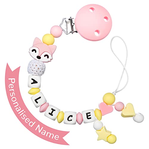 MCGMITT Chupeteros Personalizado con Nombre Niñas Cadena Chupete Bebe Silicona Sujeta Chupetes Chupetero Mordedor, Regalo Bebe Recien Nacido Niña Personalizado (Rosa Amarillo)