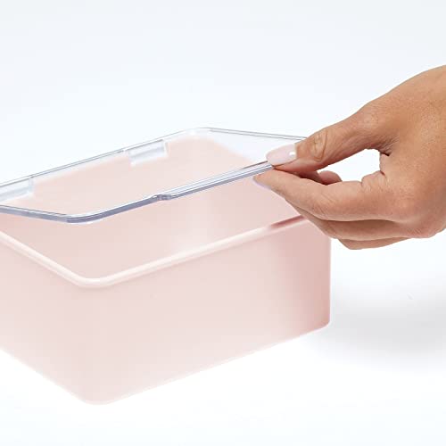 mDesign Juego de 4 organizadores de juguetes con tapa – Juguetero apilable de plástico robusto – Caja de almacenaje para guardar juguetes en la habitación infantil – transparente y rosa claro