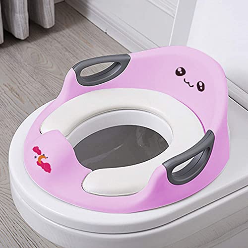 Mediawave Store - Reductor de WC para niños, asiento de inodoro ovalado suave con protección contra salpicaduras, reposacabezas y respaldo, diseño de cómics, con asas de apoyo 526200 (rosa)