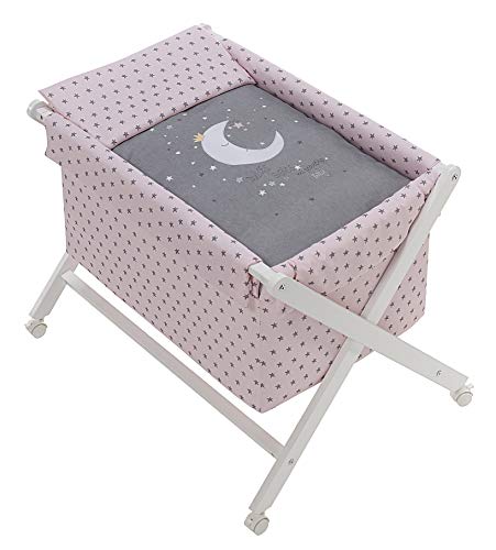 Minicuna Tijera madera Luna Universo Rosa, incluye Textil exterior + Colchón + Colcha + Almohada