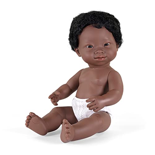 Miniland – Muñeco bebé Africano Niño Síndrome de Down. Vinilo Suave de 38cm. Rasgos étnicos y sexuado para el Aprendizaje de la Diversidad. Ligero y Agradable Perfume. Colección de Diferentes etnia