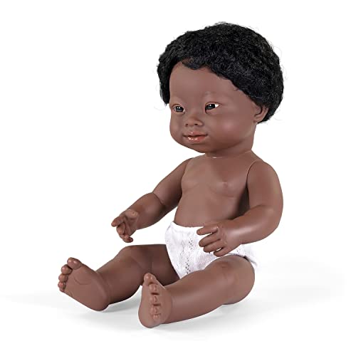 Miniland – Muñeco bebé Africano Niño Síndrome de Down. Vinilo Suave de 38cm. Rasgos étnicos y sexuado para el Aprendizaje de la Diversidad. Ligero y Agradable Perfume. Colección de Diferentes etnia