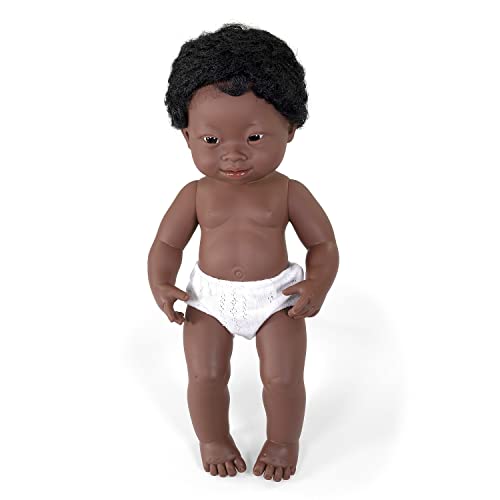 Miniland – Muñeco bebé Africano Niño Síndrome de Down. Vinilo Suave de 38cm. Rasgos étnicos y sexuado para el Aprendizaje de la Diversidad. Ligero y Agradable Perfume. Colección de Diferentes etnia