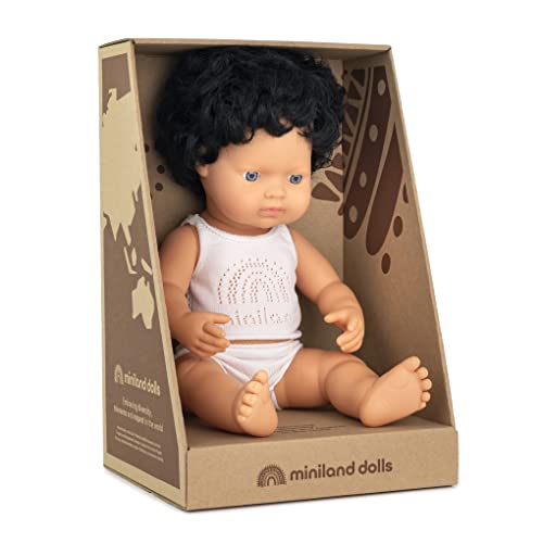 Miniland Muñeco bebé Caucásico Niño con Pelo Moreno Rizado de 38cm. Presentado en Caja de Regalo (31261)