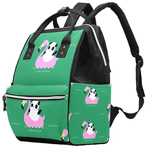 Mochila multifunción, grande para pañales de bebé, bolsa de pañales con bolsa de agua aislada, mochila de viaje para mamá y papá, pandas para nadar en el mar en círculo flotador de flamencos rosa