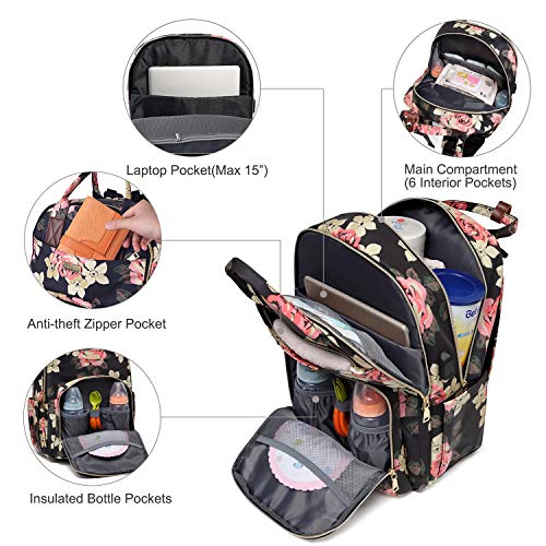 Mochila para pañales -Bolsa para cambiar pañales para bebés de gran capacidad -Bolsas florales de mamá multifunción para papá/niña/mujer-con bolsillo grande aislado y bolsa de tela extra húmeda