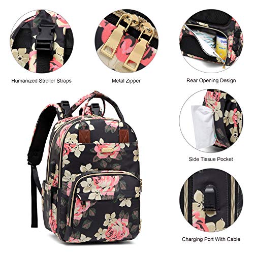 Mochila para pañales -Bolsa para cambiar pañales para bebés de gran capacidad -Bolsas florales de mamá multifunción para papá/niña/mujer-con bolsillo grande aislado y bolsa de tela extra húmeda