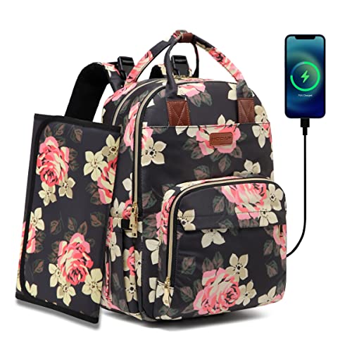 Mochila para pañales -Bolsa para cambiar pañales para bebés de gran capacidad -Bolsas florales de mamá multifunción para papá/niña/mujer-con bolsillo grande aislado y bolsa de tela extra húmeda